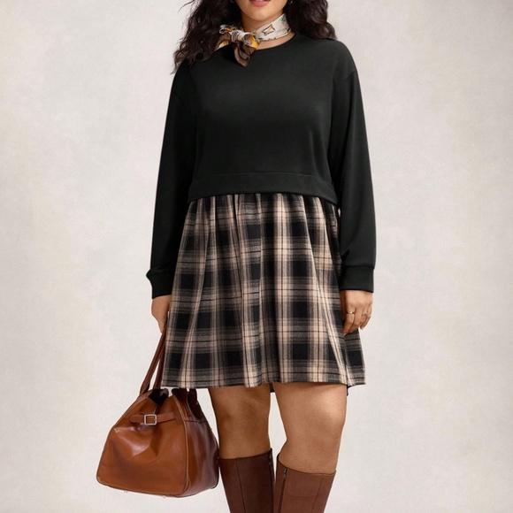 Plus 2 in 1 Sweater Plaid Print Dress - Picture 7 of 7